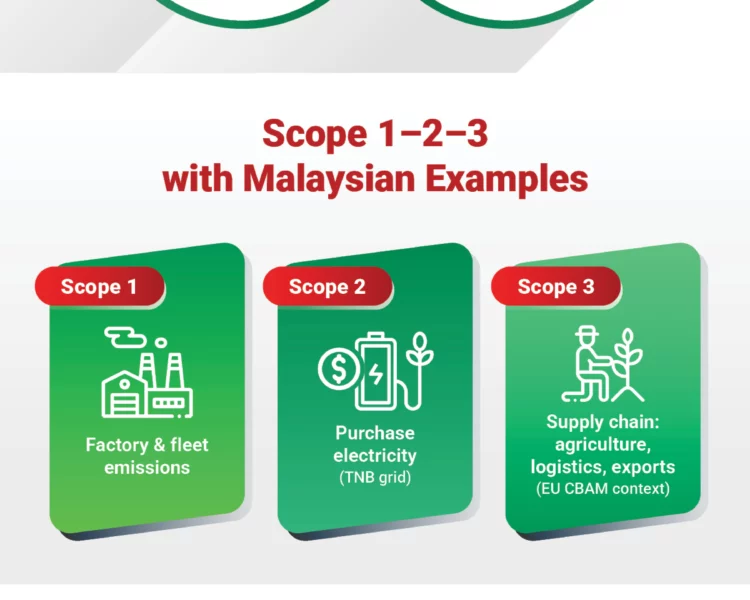 Infographic on IFRS S1 and S2 in Malaysia: sustainability disclosure roadmap showing Malaysia’s implementation pipeline from 2016 to 2026, key differences between IFRS S1 general requirements and IFRS S2 climate-specific disclosures, the four disclosure pillars, Scope 1–2–3 Malaysian examples, business value, boardroom checklist, and InCorp Malaysia’s HRDF-certified ESG training and advisory support
