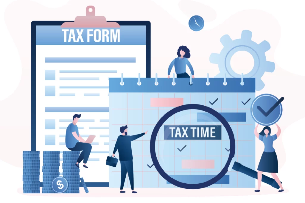 Malaysia SST COmpliance Digital illustration showing a Tax Form and people preparing for Tax Time. Features a calendar, magnifying glass, stacks of money, and individuals completing tasks related to tax deadlines. Malaysia SST Compliance