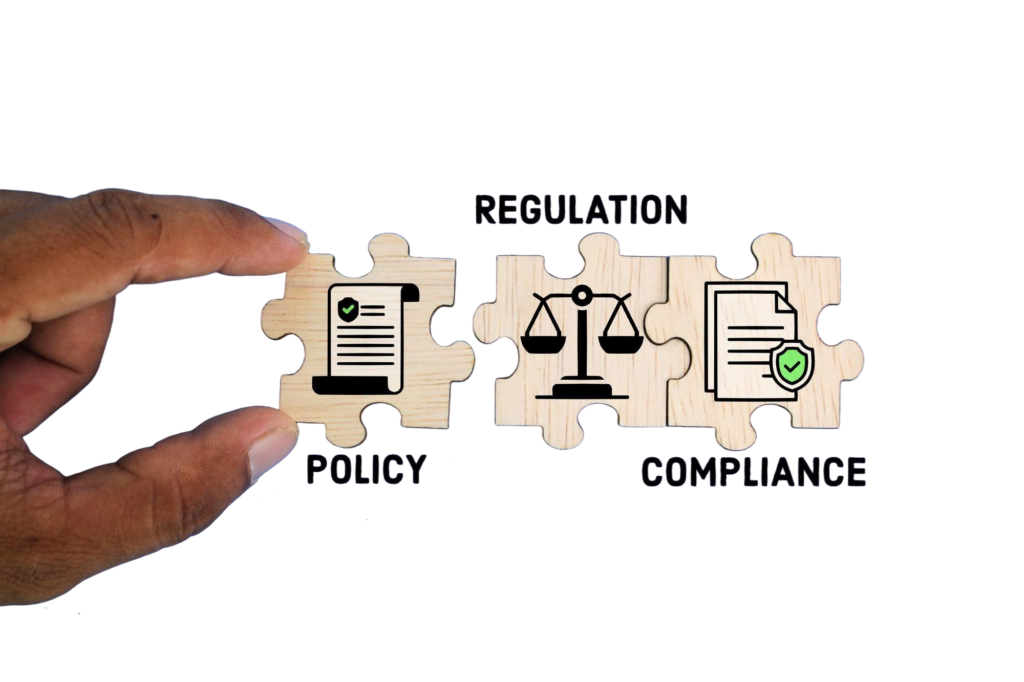 A hand places a puzzle piece labeled "POLICY" next to two other pieces labeled "REGULATION" and "COMPLIANCE," illustrating their connection. Highlighting the Waives Late Lodgement Fees for MBRS 2.0