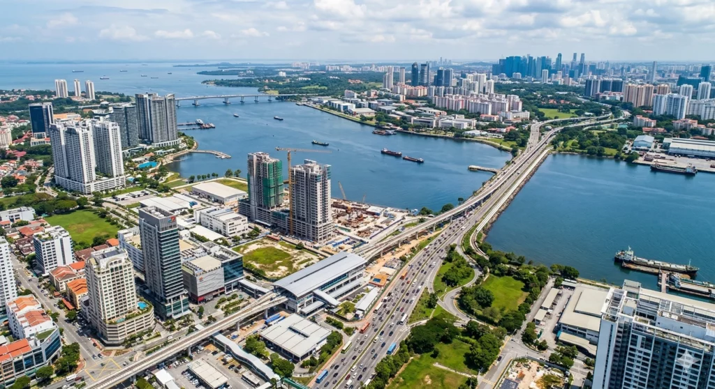 High-angle aerial view of the JS-SEZ corridor, showing the Johor-Singapore Causeway bridge connecting Johor Bahru, Malaysia, in the foreground to the Woodlands skyline in Singapore across the Johor Strait